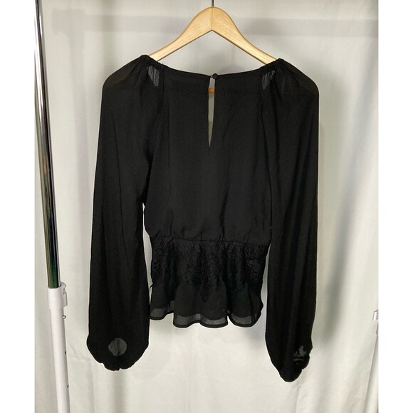 Lulu's Small Peasant Chiffon Lace Surplice Blouse Top Cropped Black Cocktail NWT - Picture 3 of 10